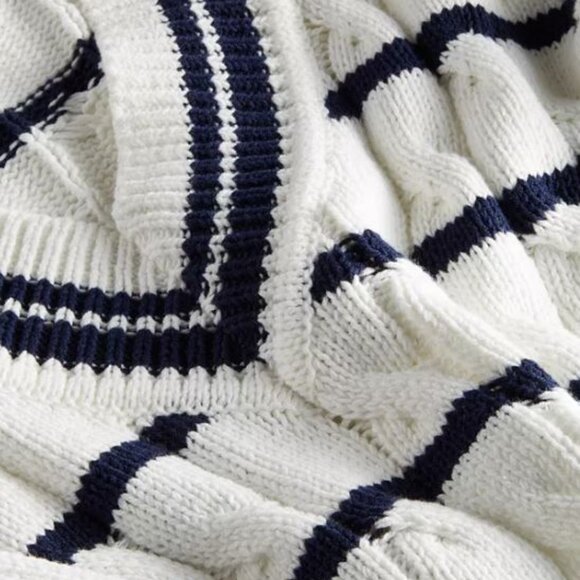 On 34th - Women's V-Neck Cable-Knit Rugby Sweater in navy/white stripes - Picture 9 of 10